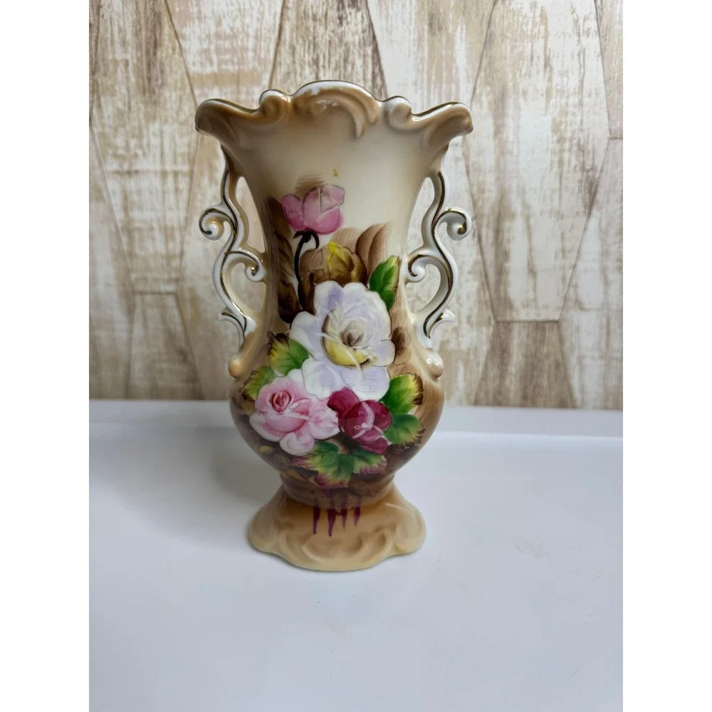 Vintage Lipper & Mann Hand Painted Floral Porcelain Vase Edge Gold Trim
